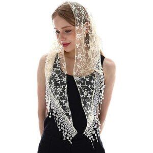 Triangle Lace Mantilla Veil Tulle Scarf Beige